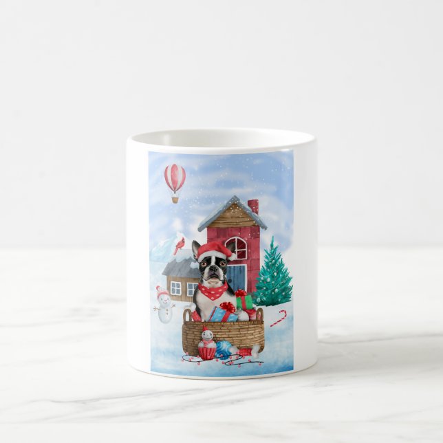 Boston Terrier Dog In snow Christmas Dog House Coffee Mug (Center)