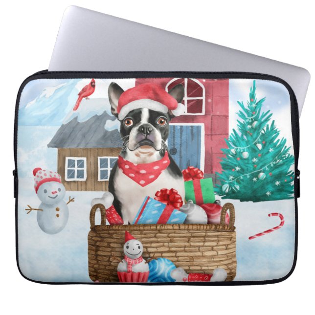 Boston Terrier Dog In snow Christmas Dog House Laptop Sleeve (Front)