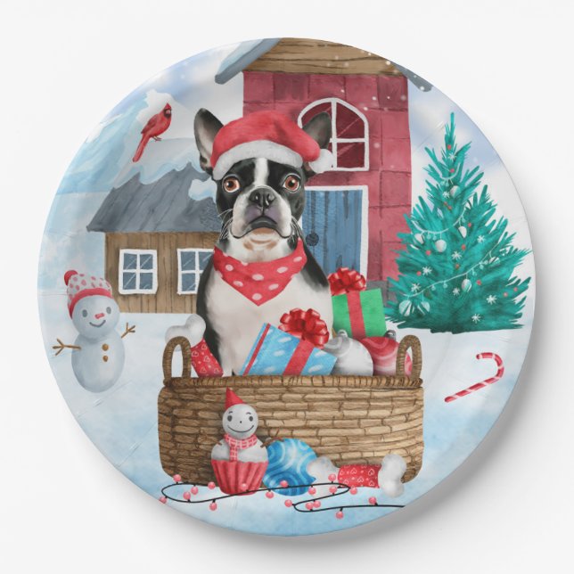 Boston Terrier Dog In snow Christmas Dog House Paper Plate (Front)