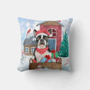 Boston Terrier Dog In snow Christmas Dog House Throw Pillow