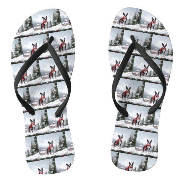 Boston Terrier Dog in Snow Christmas  Flip Flops (Footbed)