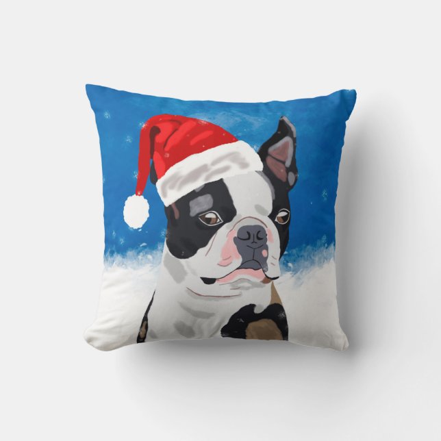 Boston Terrier Dog in Snow Christmas Happy Holiday Throw Pillow (Front)