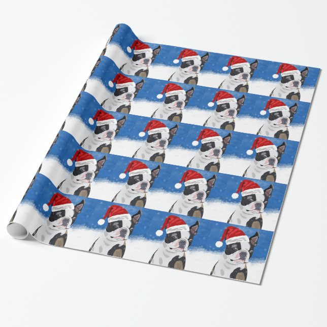 Boston Terrier Dog in Snow Christmas Happy Holiday Wrapping Paper (Unrolled)