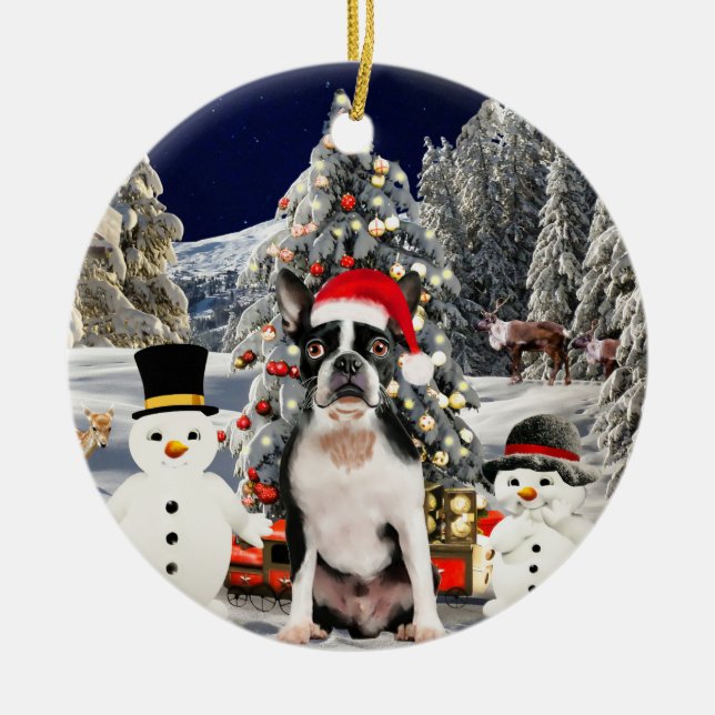Boston Terrier Dog in Snow Christmas Hat Lights Ceramic Ornament (Front)