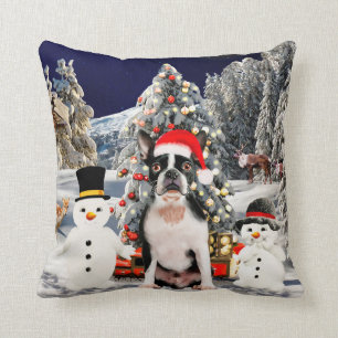 Boston Terrier Dog in Snow Christmas Hat Lights Throw Pillow