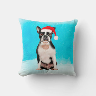 Boston Terrier Dog In Snow Christmas Holiday Throw Pillow