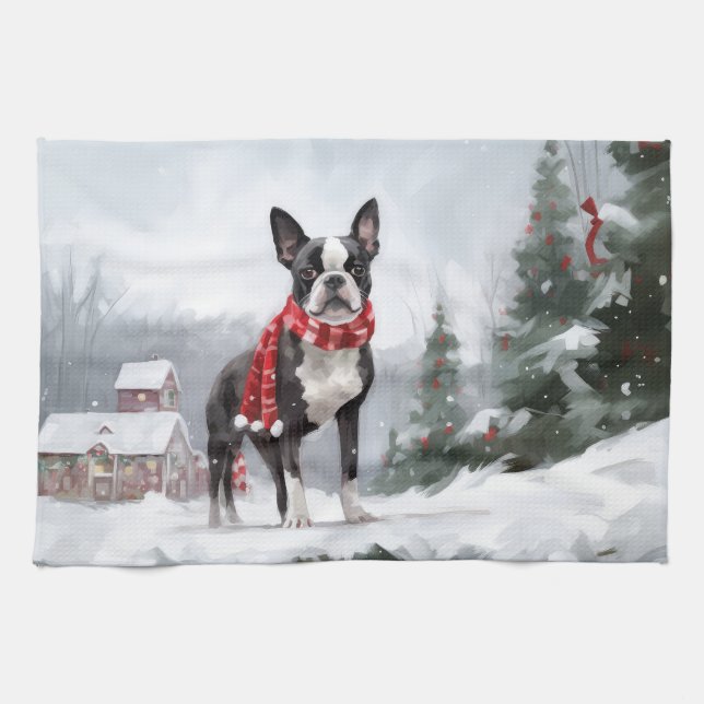 Boston Terrier Dog in Snow Christmas  Kitchen Towel (Horizontal)