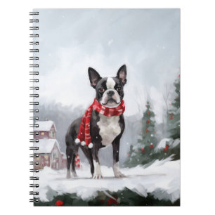 Boston Terrier Dog in Snow Christmas Notebook