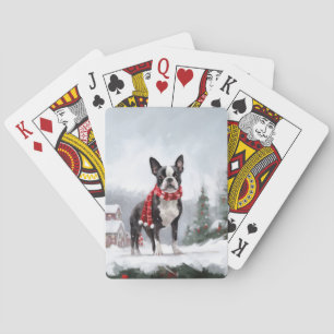 Boston Terrier Dog in Snow Christmas  Playing Cards
