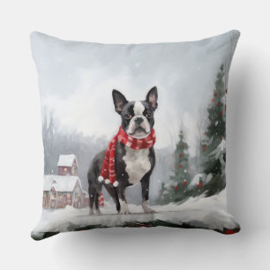 Boston Terrier Dog in Snow Christmas  Throw Pillow