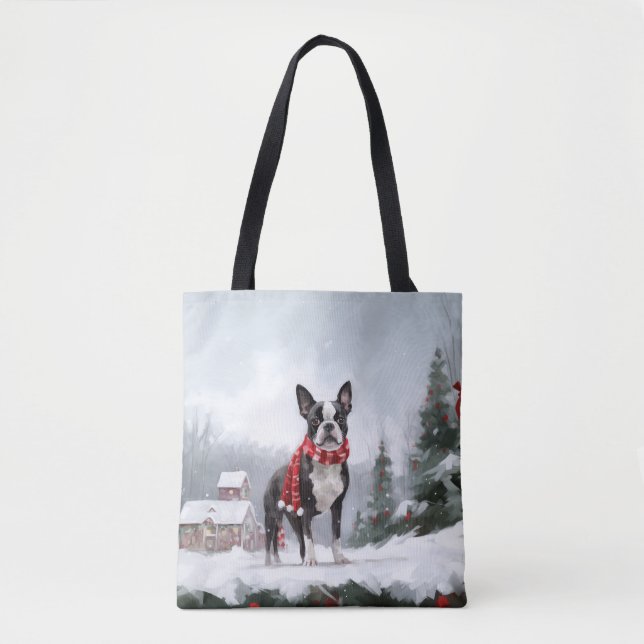 Boston Terrier Dog in Snow Christmas  Tote Bag (Front)