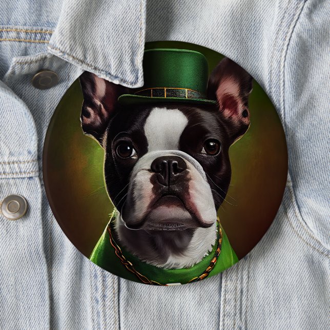 Boston Terrier dog in St. Patrick's Day Dress 6 Inch Round Button (In Situ)