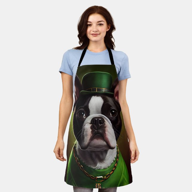 Boston Terrier dog in St. Patrick's Day Dress Apron (Worn)