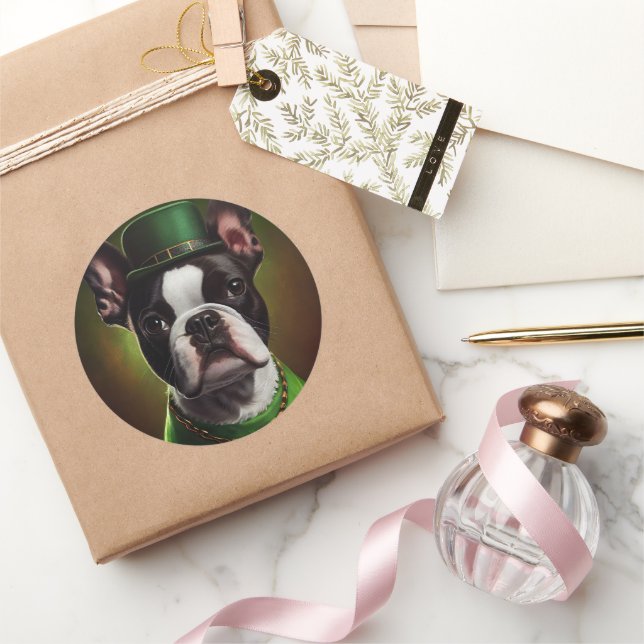 Boston Terrier dog in St. Patrick's Day Dress Classic Round Sticker (Gifting)