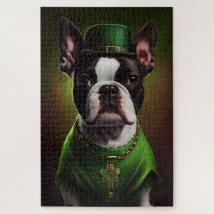 Boston Terrier dog in St. Patrick's Day Dress Jigsaw Puzzle