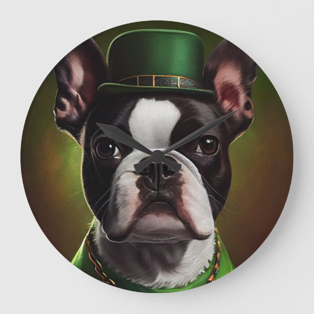 Boston Terrier dog in St. Patrick's Day Dress Large Clock (Front)