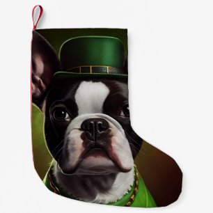 Boston Terrier dog in St. Patrick's Day Dress Small Christmas Stocking