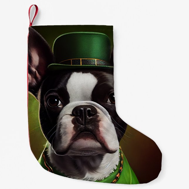 Boston Terrier dog in St. Patrick's Day Dress Small Christmas Stocking (Front)