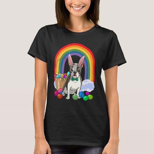 Boston Terrier Dog Mom Easter Eggs Bunny Rabbit T-Shirt (Front)