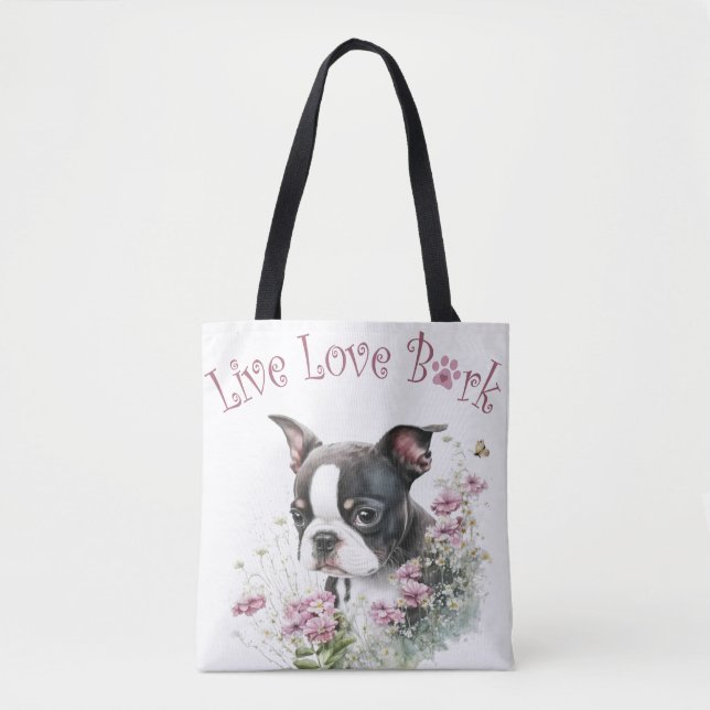 Boston Terrier Dog Mom Floral Tote Bag (Front)