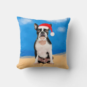 Boston Terrier Dog On Beach Christmas Holiday Throw Pillow