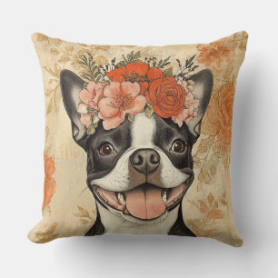 Boston Terrier Dog Orange Floral  Throw Pillow