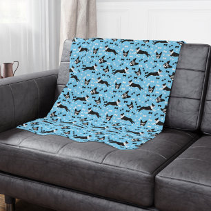 Boston Terrier Dog Pattern Blue Sherpa Blanket