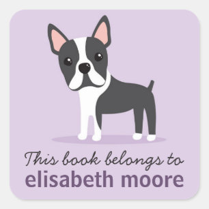 Boston terrier dog personalized bookplate book square sticker