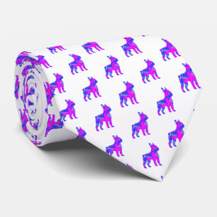 Boston Terrier Dog PinkBlue Silhouette White Neck Tie