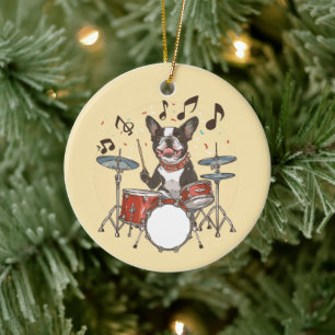 Boston Terrier Dog Playing Drums Ceramic Ornament