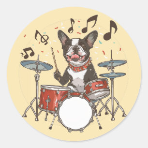 Boston Terrier Dog Playing Drums Classic Round Sticker