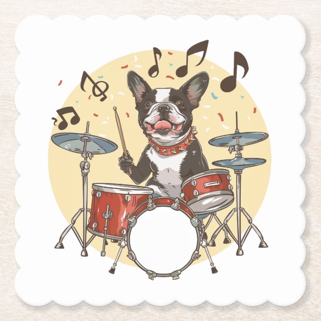 Boston Terrier Dog Playing Drums Paper Coaster (Front)