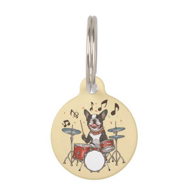 Boston Terrier Dog Playing Drums Pet Tag (Front)
