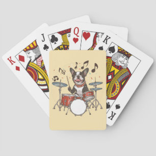 Boston Terrier Dog Playing Drums Playing Cards
