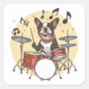 Boston Terrier Dog Playing Drums Square Sticker