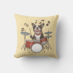 Boston Terrier Dog Playing Drums Throw Pillow