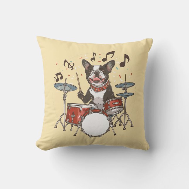 Boston Terrier Dog Playing Drums Throw Pillow (Front)