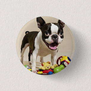 Boston Terrier Dog Playing with Toys 1 Inch Round Button