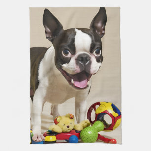 Boston Terrier Dog Playing with Toys Kitchen Towel