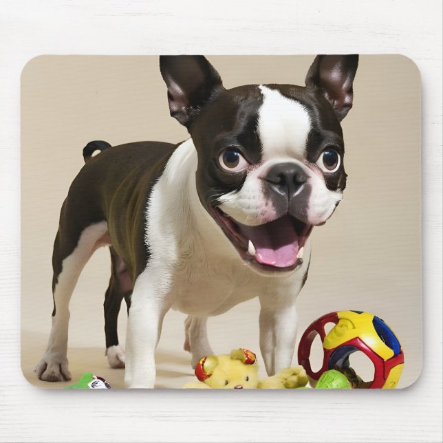 Boston Terrier Dog Playing with Toys Mouse Pad (Front)