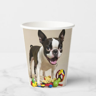 Boston Terrier Dog Playing with Toys Paper Cups