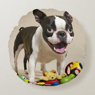 Boston Terrier Dog Playing with Toys Round Pillow