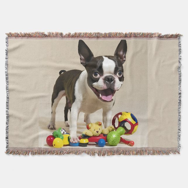 Boston Terrier Dog Playing with Toys Throw Blanket (Front)