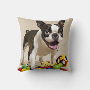 Boston Terrier Dog Playing with Toys Throw Pillow