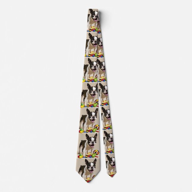 Boston Terrier Dog Playing with Toys Tie (Front)