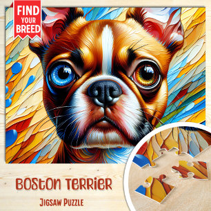 Boston Terrier Dog Portrait Acrylic Art Print Dog Jigsaw Puzzle