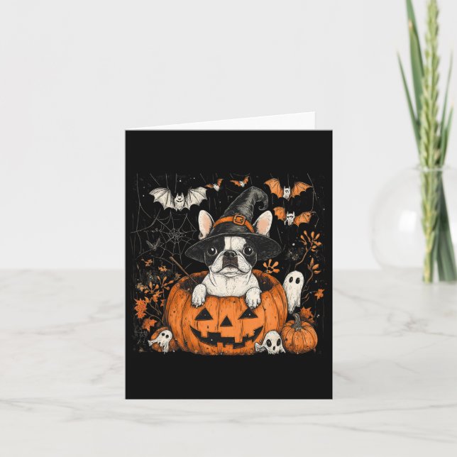Boston Terrier Dog Pumpkin Halloween Thanksgiving  Card (Front)