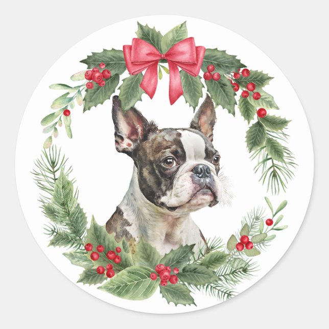 Boston Terrier Dog Red Bow Holly Wreath Classic Round Sticker (Front)