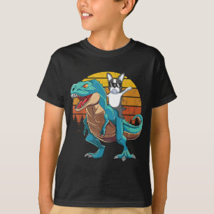 Boston Terrier Dog Riding Dinosaur T Rex Boys T-Shirt
