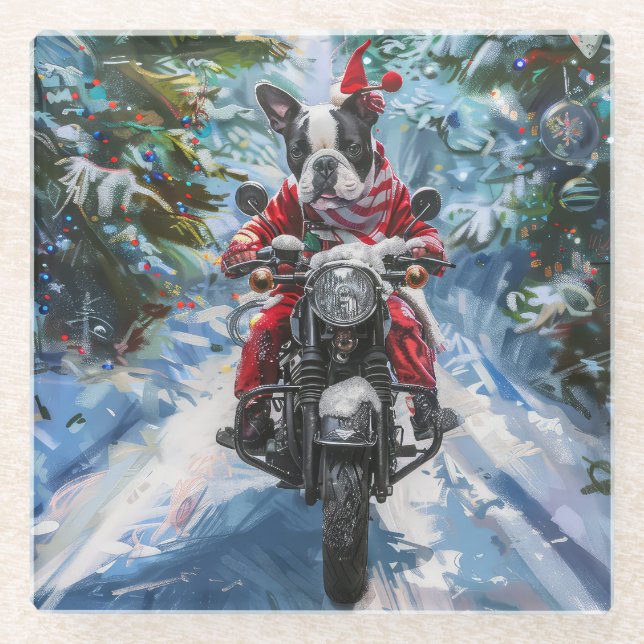 Boston Terrier Dog Riding Motorcycle Christmas Glass Coaster (Front)